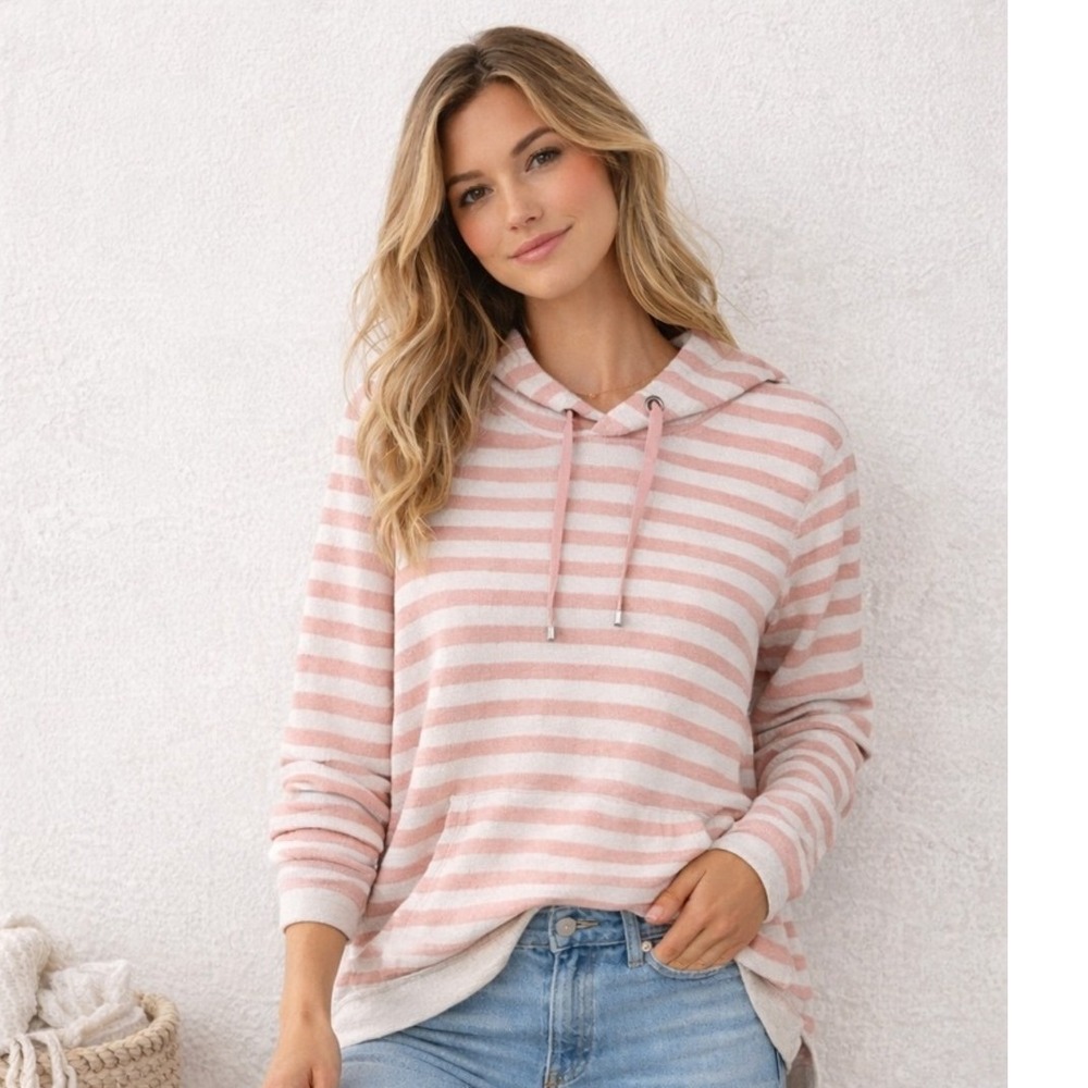 Jones NY Soft Girl French Terry Hoodie Pink White Striped Pullover Size S Cozy